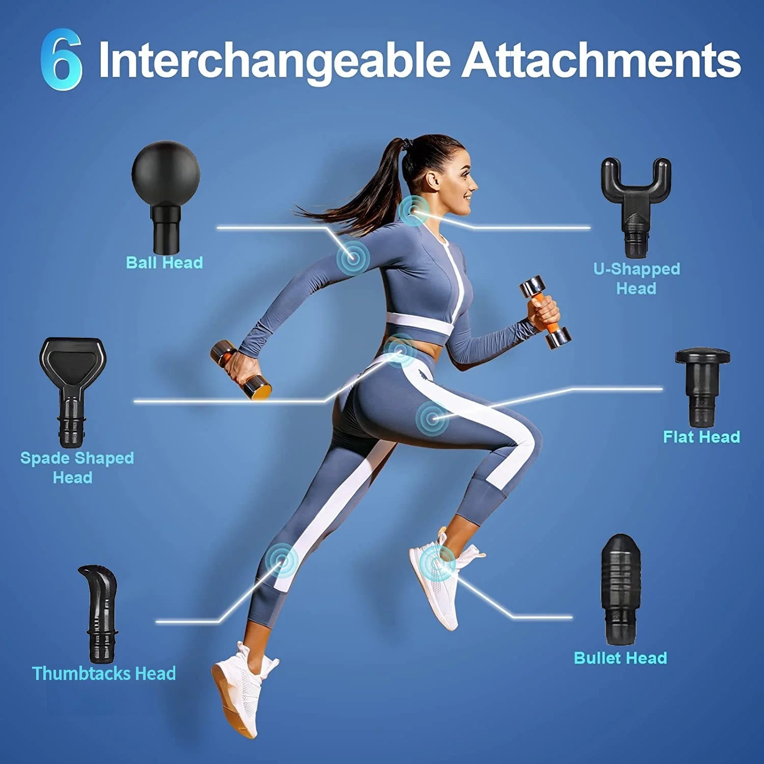 Woman running with interchangeable attachments displayed on a blue background
