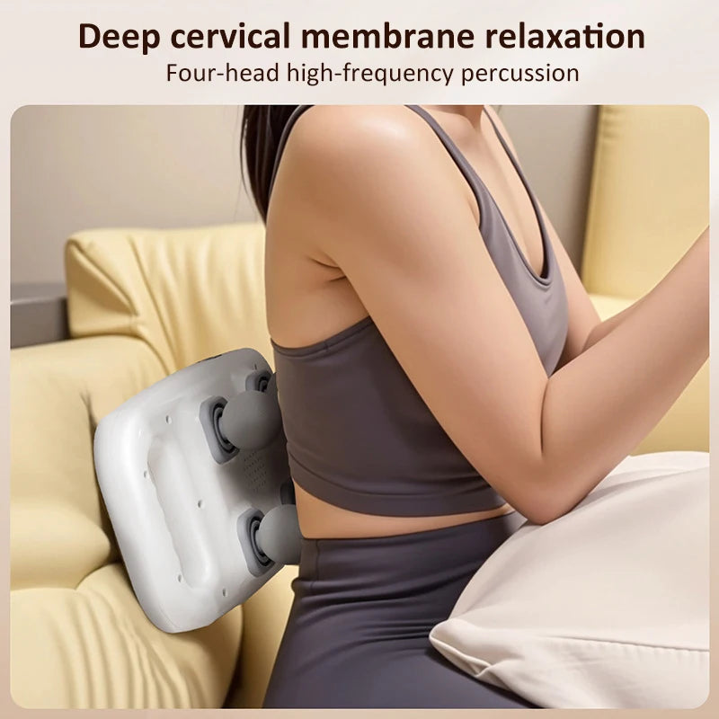 Person using a four-head high-frequency percussion device for deep cervical membrane relaxation on a couch.