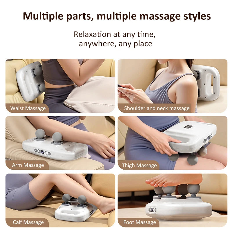 Massage device with various massage parts for different body areas on a beige couch.
