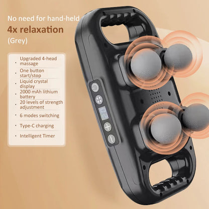 Black handheld massage device with text on a beige background