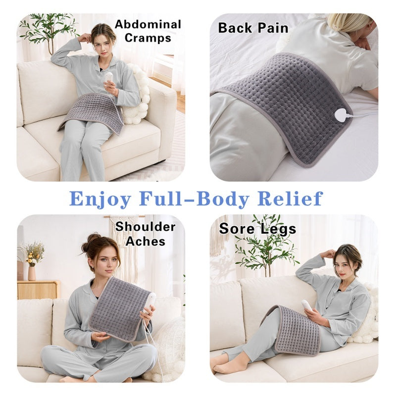 Collage of a person using a heating pad for various body parts on a couch.