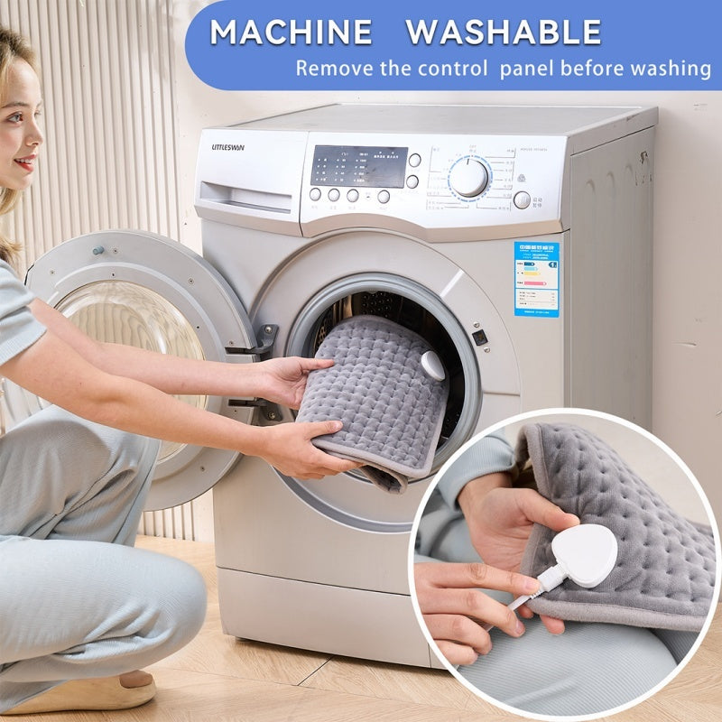 Person placing a machine-washable product into a washing machine with text indicating machine washability.
