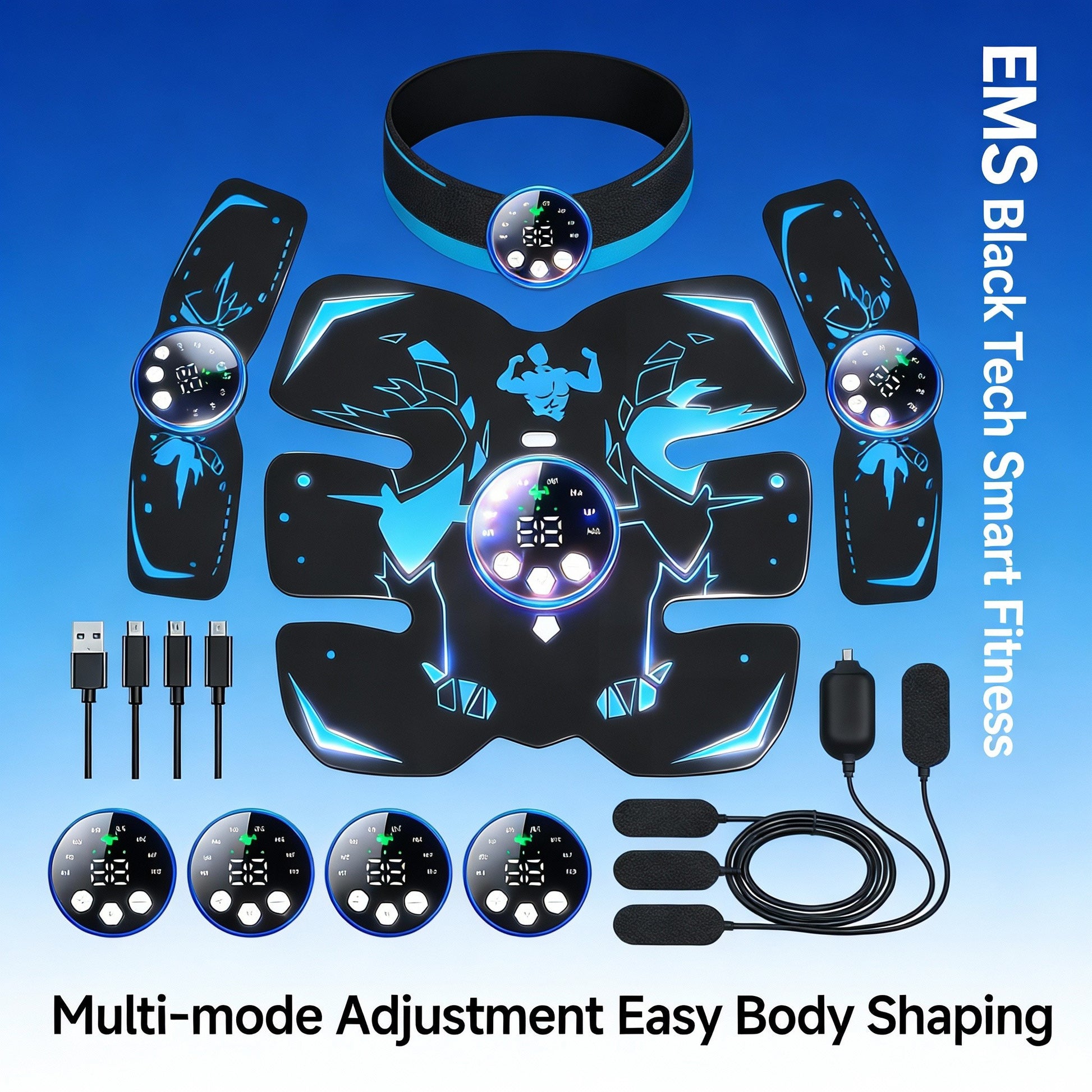 EMS Black Tech Smart Fitness device set with various components on a blue background