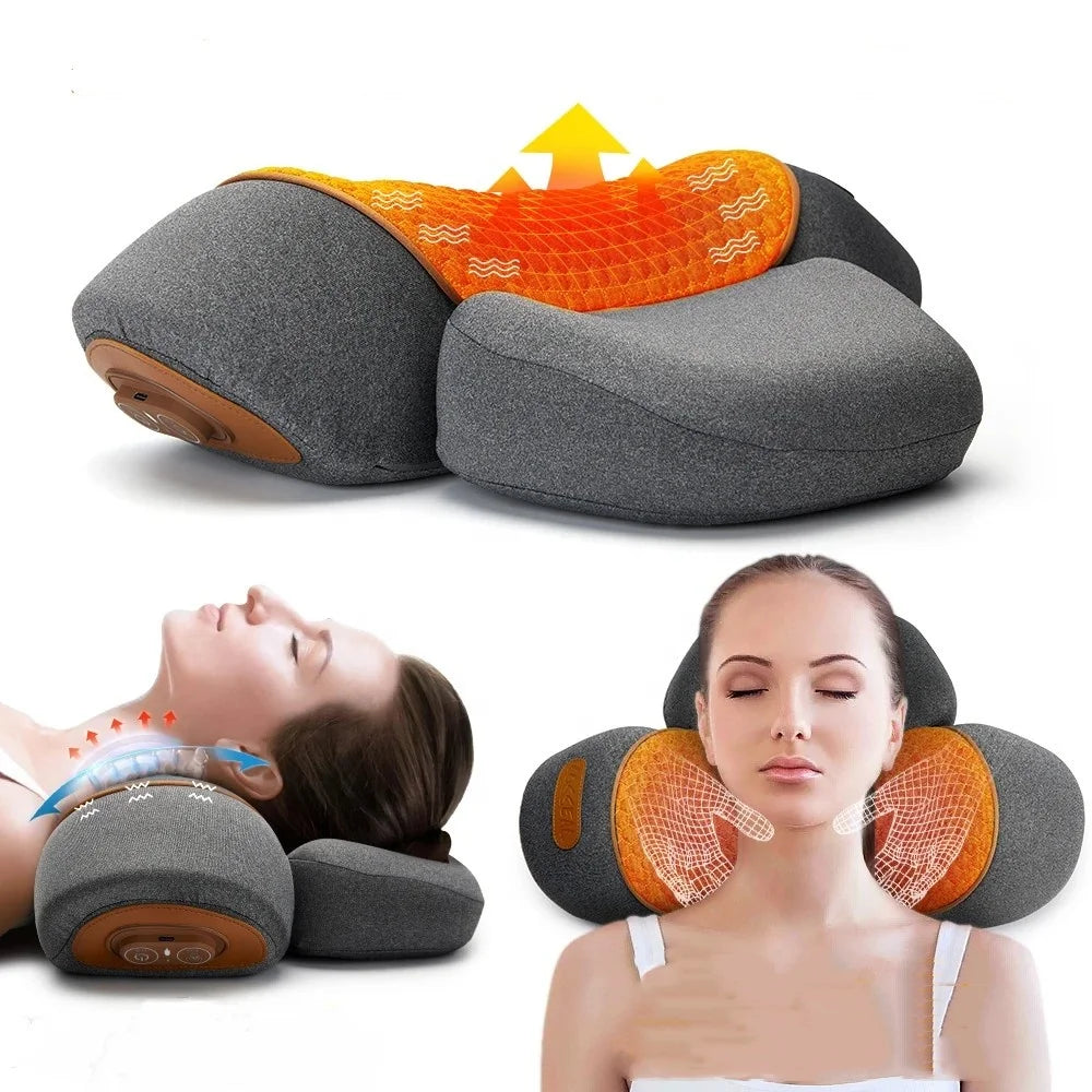 Cervical pillow massager with memory foam and Shiatsu kneading for neck pain relief