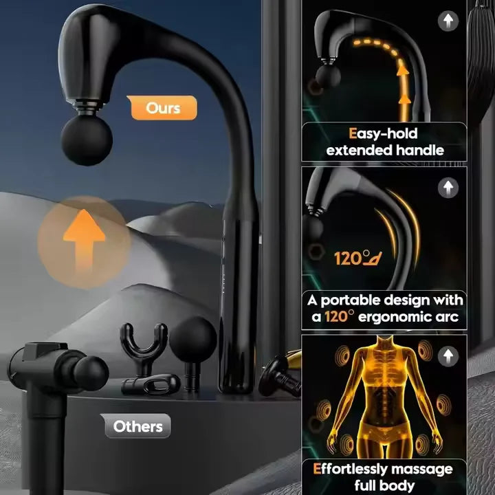 Black massage gun with ergonomic design features and comparison to 'Others' model.