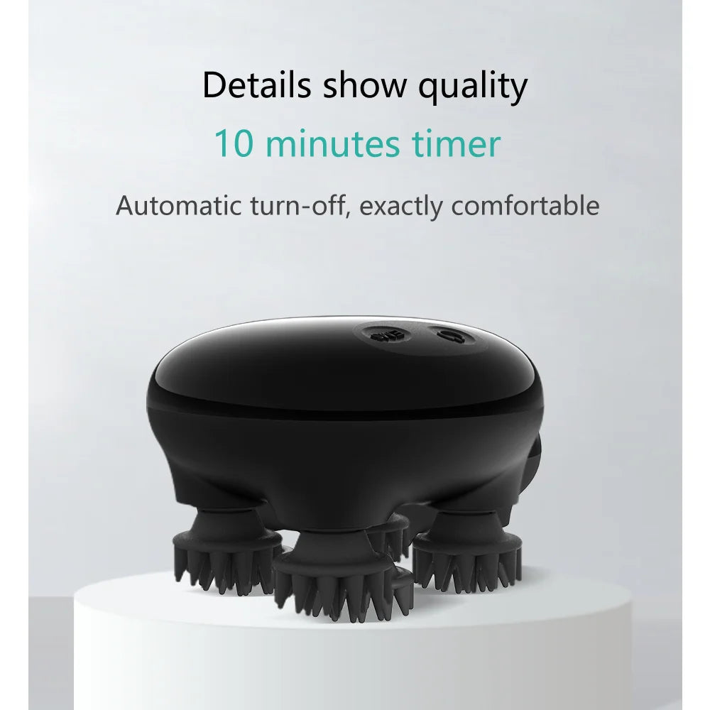 Black handheld massager with text about timer and comfort on a light gray background