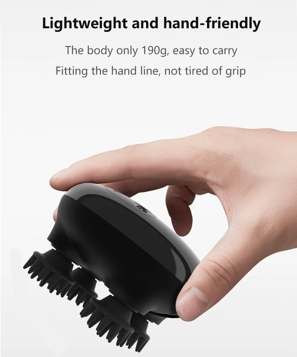 Hand holding a black handheld device with text about its weight and comfort.
