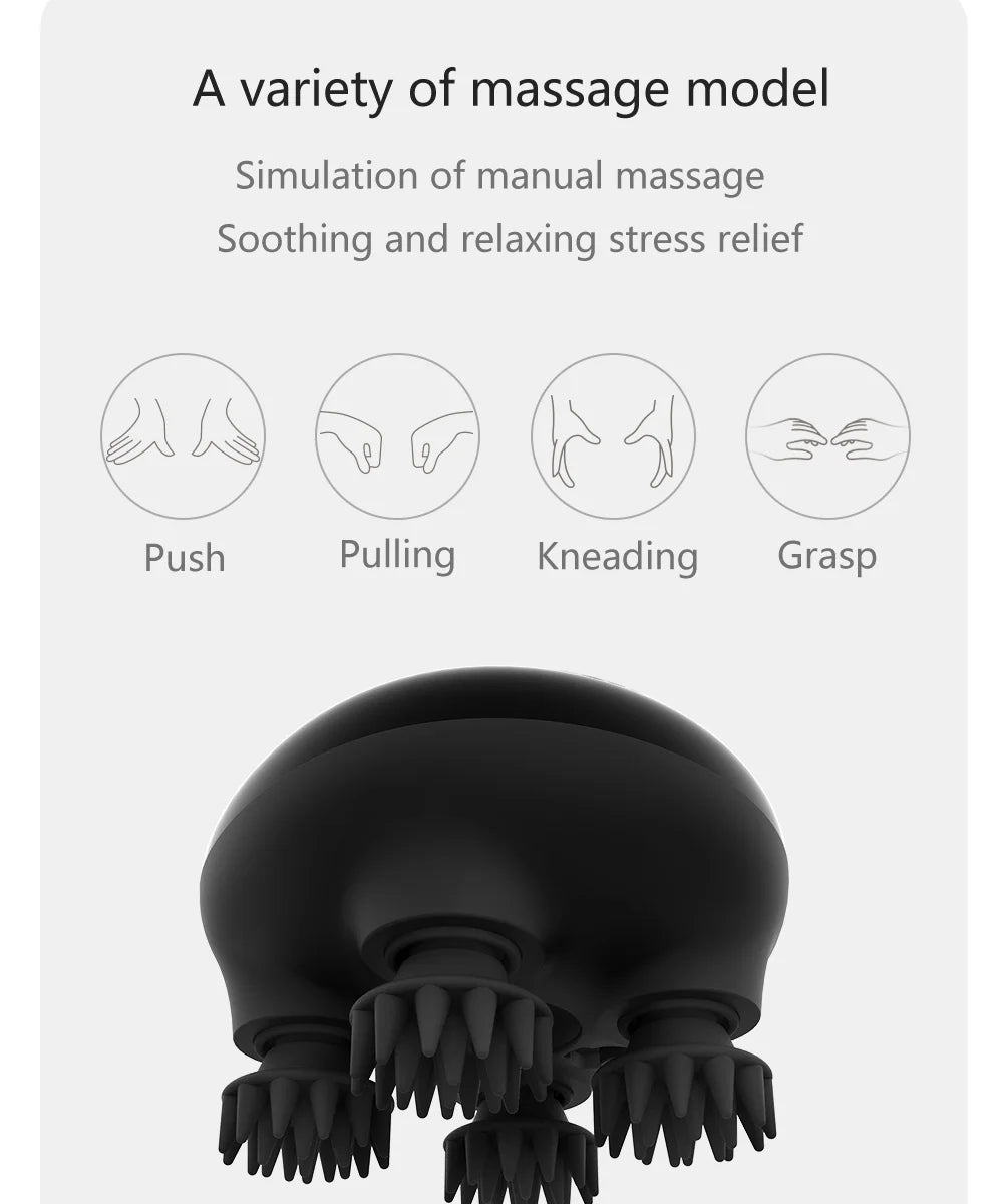 Black massage tool with massage models and text on a white background