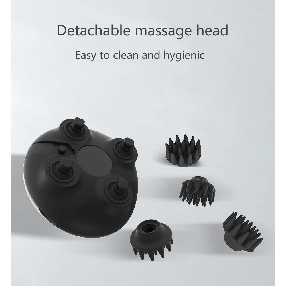 Black detachable massage head with interchangeable parts on a light gray background