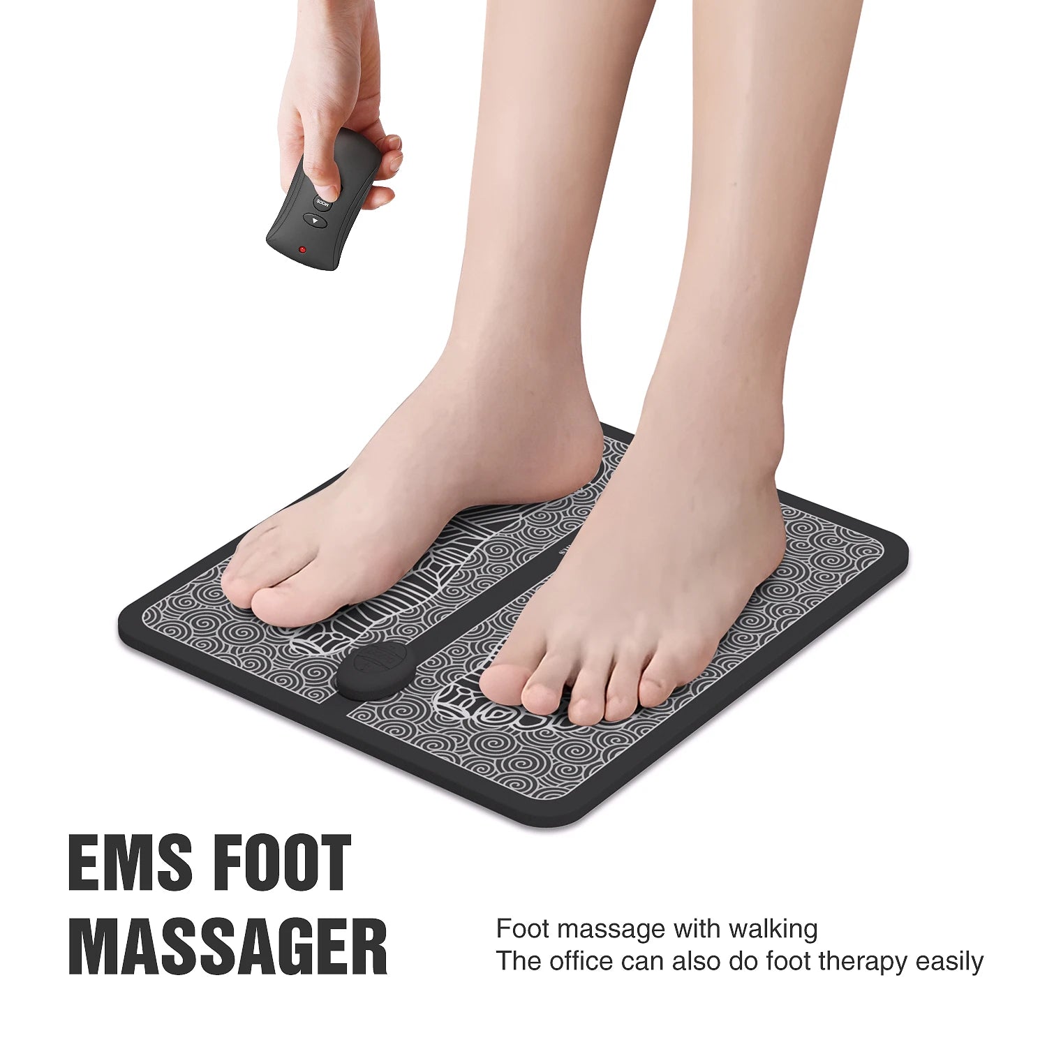 Person using an EMS foot massager with text on a white background