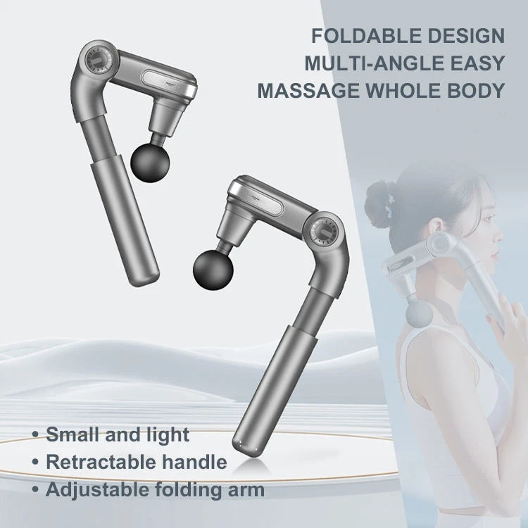 Foldable massage tool with adjustable design, shown with a person using it on their neck.