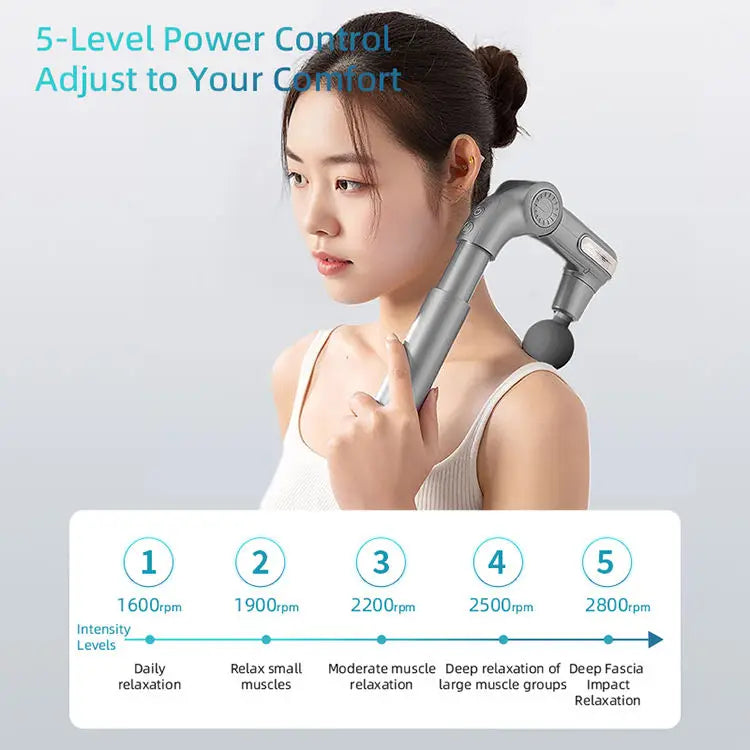 Woman using a portable full body massager mat with power control levels displayed.