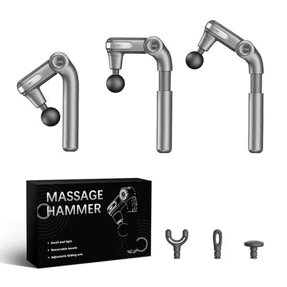 Massage hammer with attachments and packaging on a white background