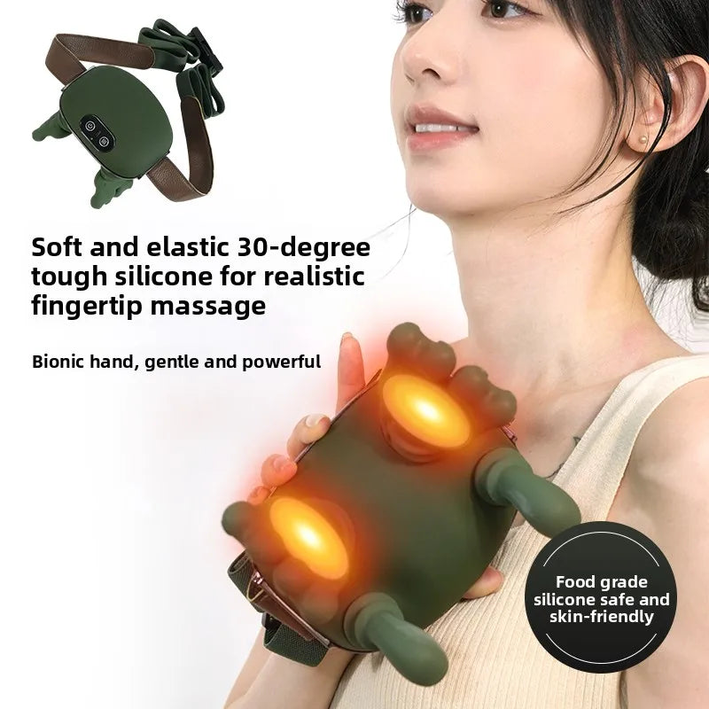 A Woman using a green massage device on their neck with text about its features.