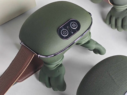 Green neck and shoulder massager device with control panel on a white background