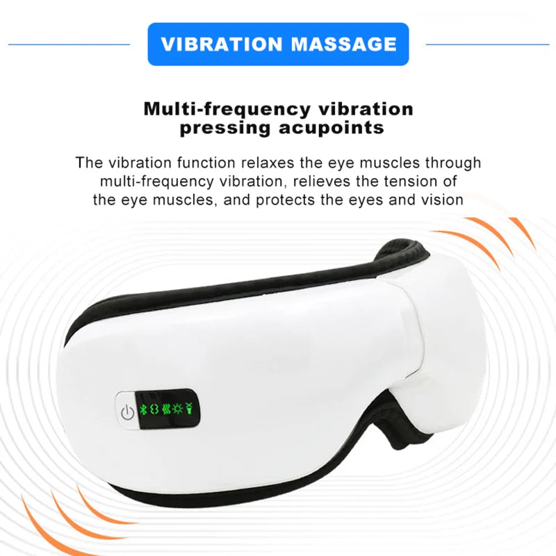 White eye massager with black straps on a white background, featuring text about vibration massage.