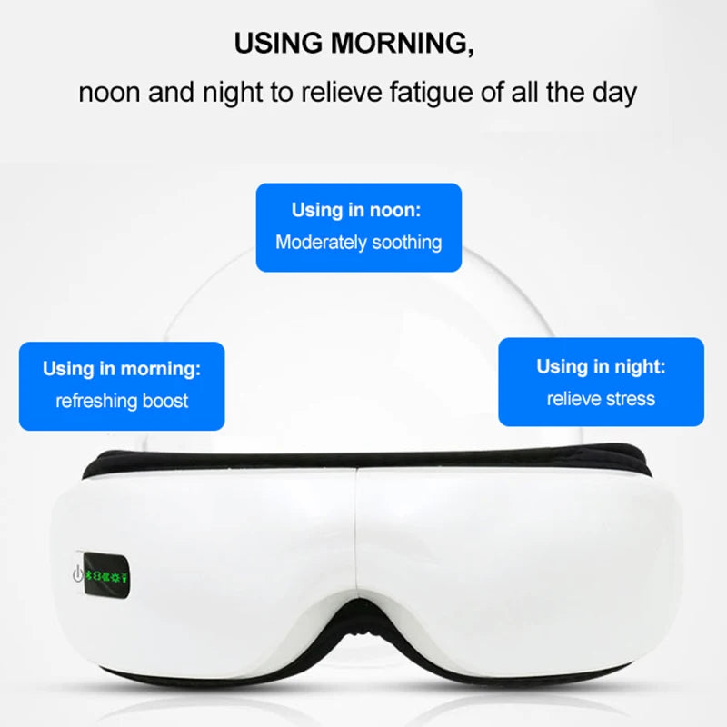 White eye mask with text indicating its effects at different times of the day on a white background