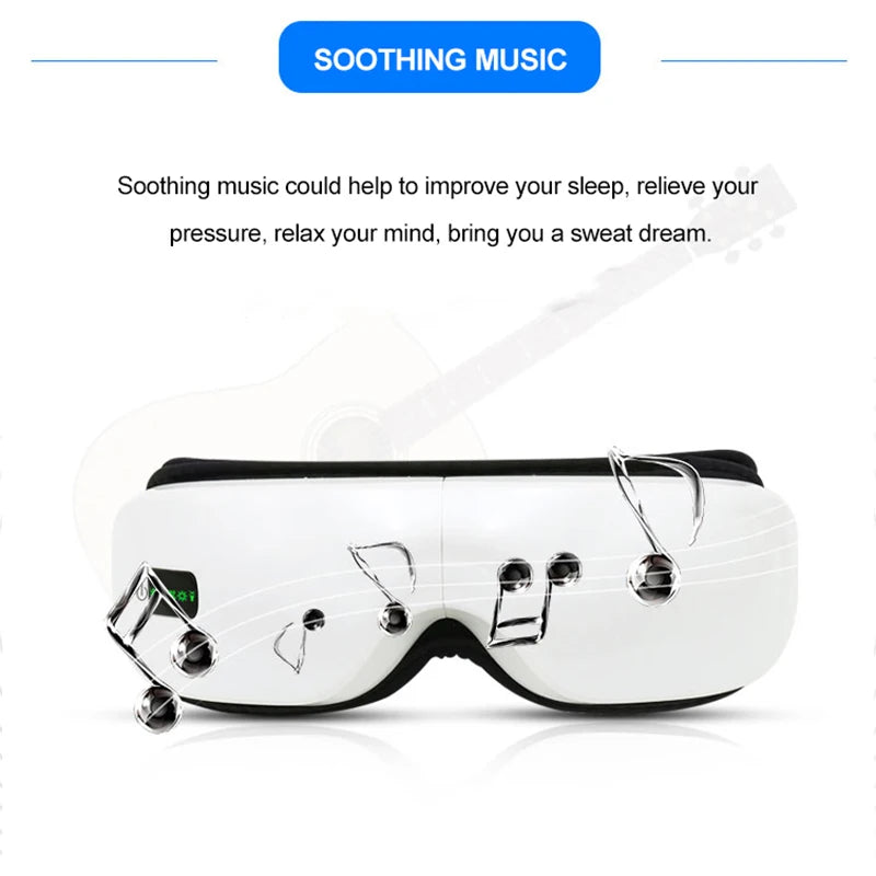 White sleep mask with black accents on a white background, featuring text about soothing music.