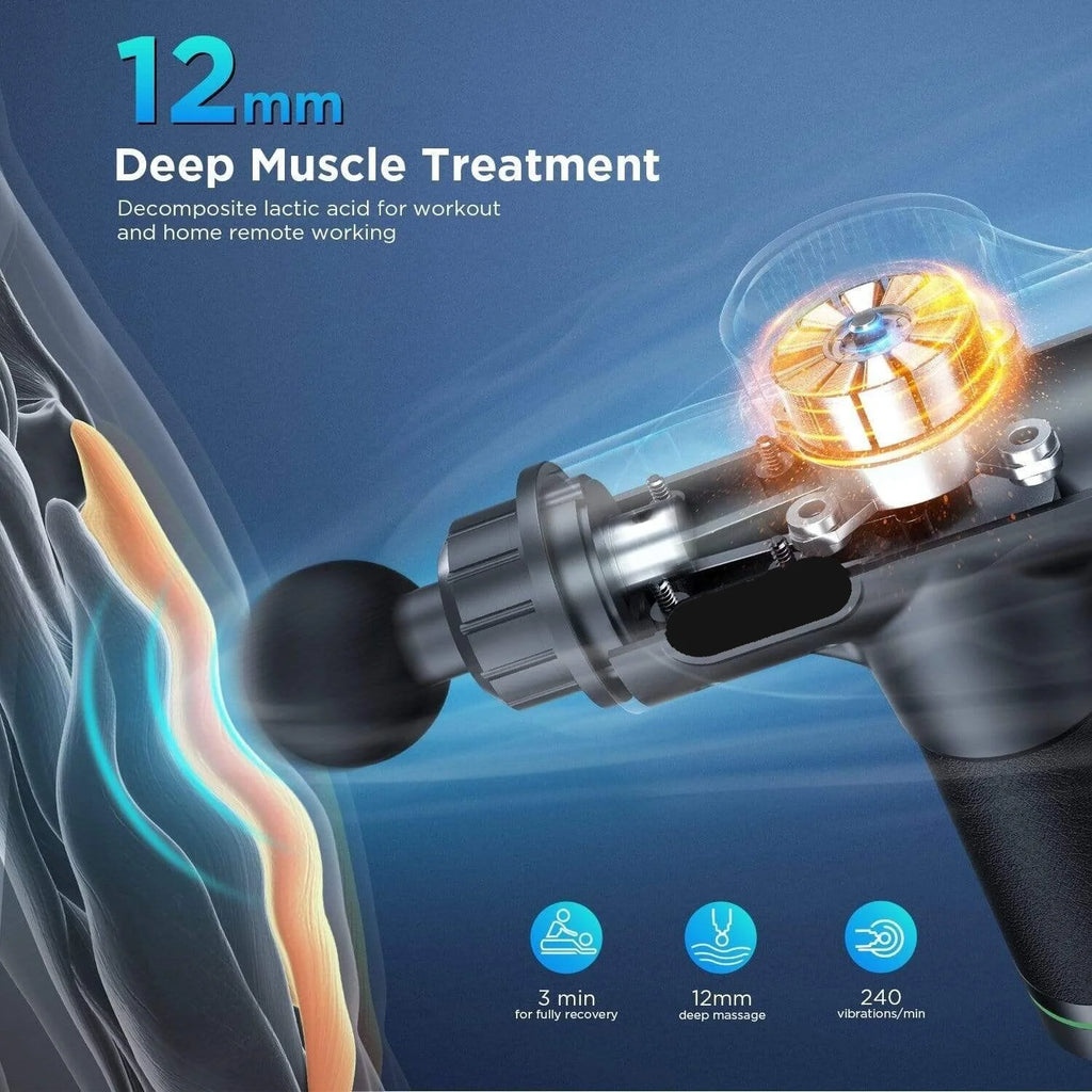 Massage gun with 12mm deep muscle treatment feature on a blue background