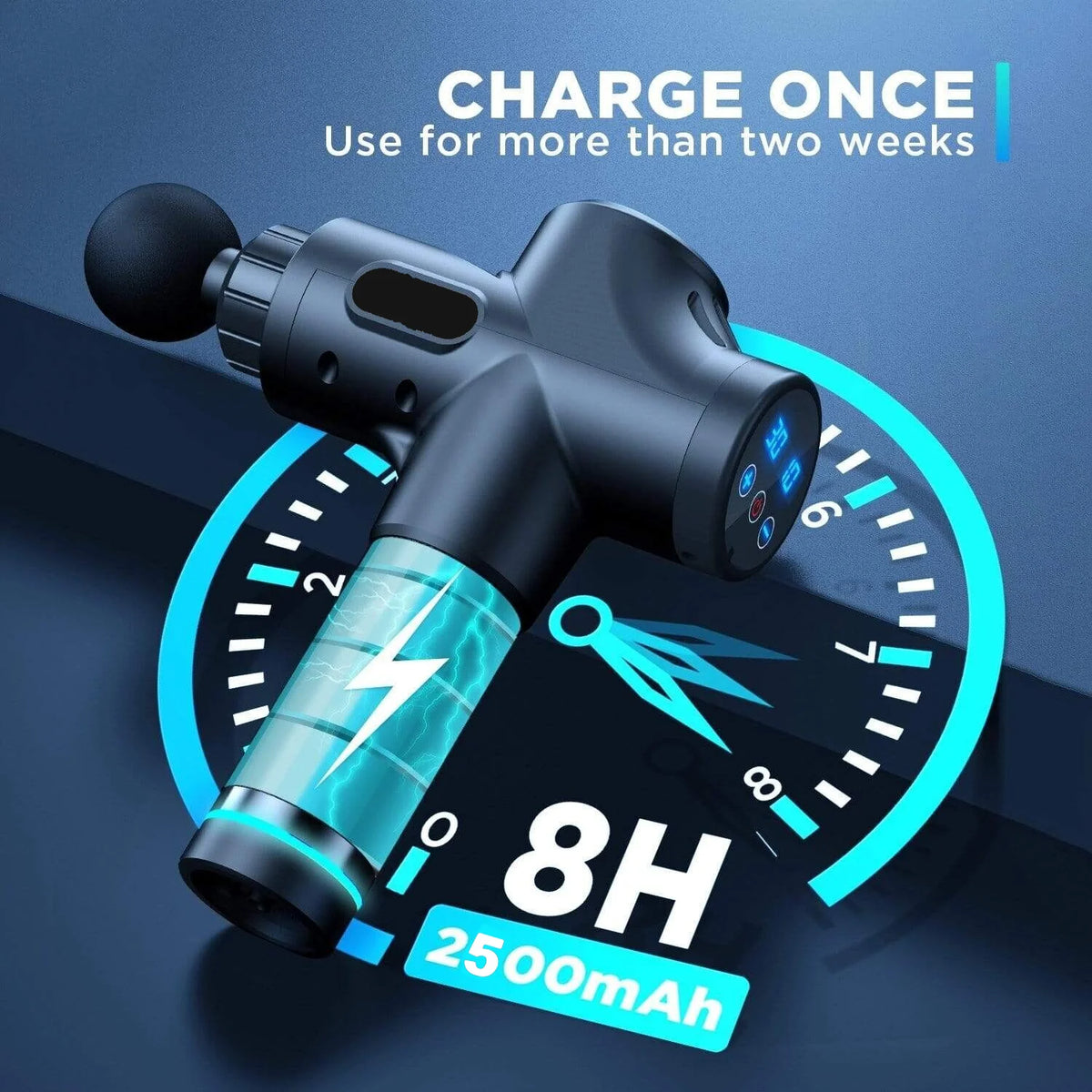 Massage gun with charging indicator on a dark blue background