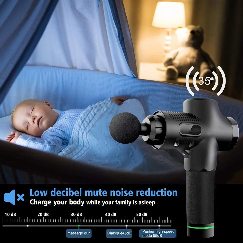 Baby sleeping in a crib with a massage gun and decibel level display.